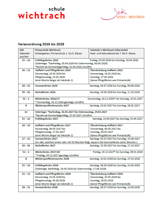 Ferienordnung Schulen Wichtrach 2025 - 2027