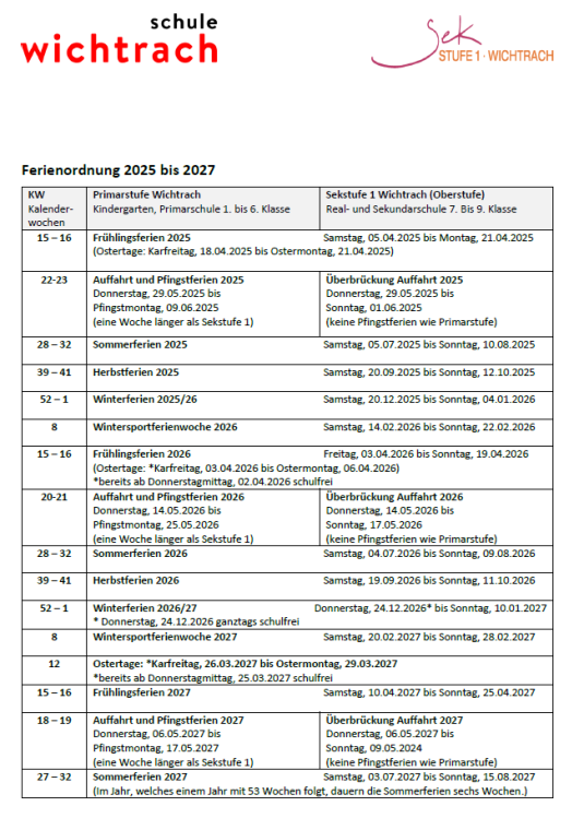 Ferienordnung Schulen Wichtrach 2025 - 2027