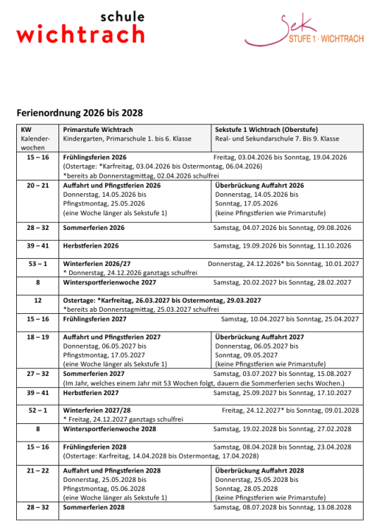 Ferienordnung Schulen Wichtrach 2026 - 2028